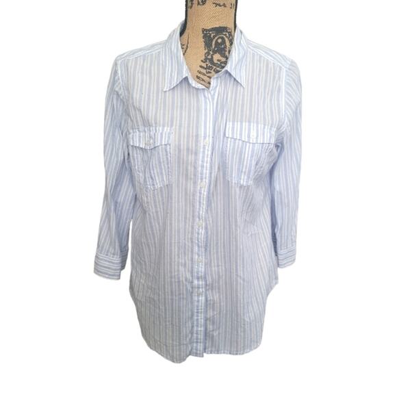Large St. Johns Bay white & blue striped button down shirt, excellent condition - Picture 1 of 2